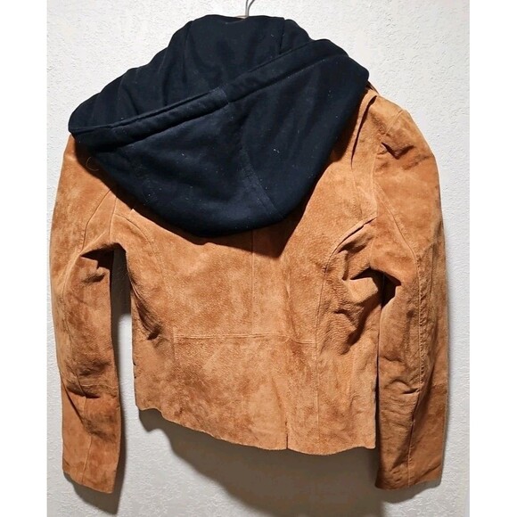 7 For All Mankind Suede Leather Moto Jacket Removeable Hood M Brown Black *Read* - Picture 3 of 5